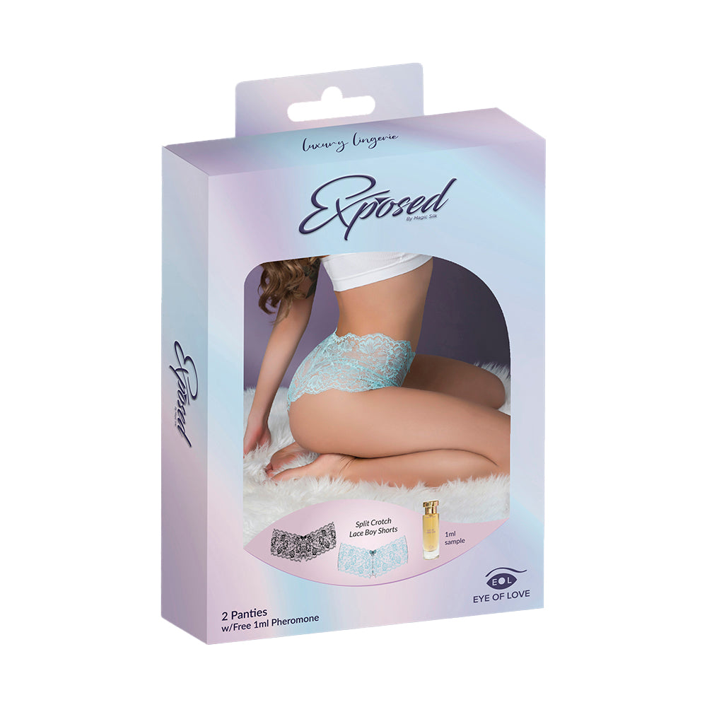 Magic Silk Pheromone Panties Split Crotch Lace Boy Short 2-Pack – Aqua/Black – Size L/XL