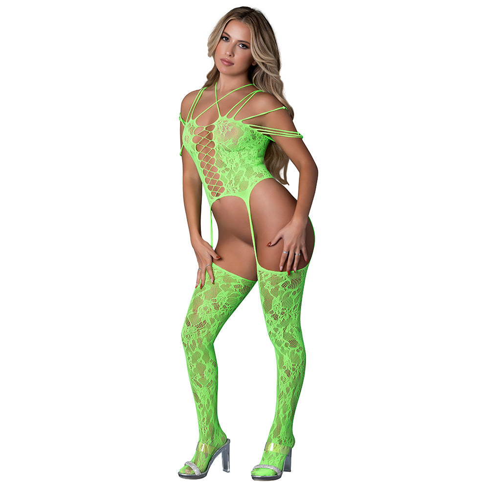 Magic Silk Seamless Bodystocking – Gartered Design – Neon Lime