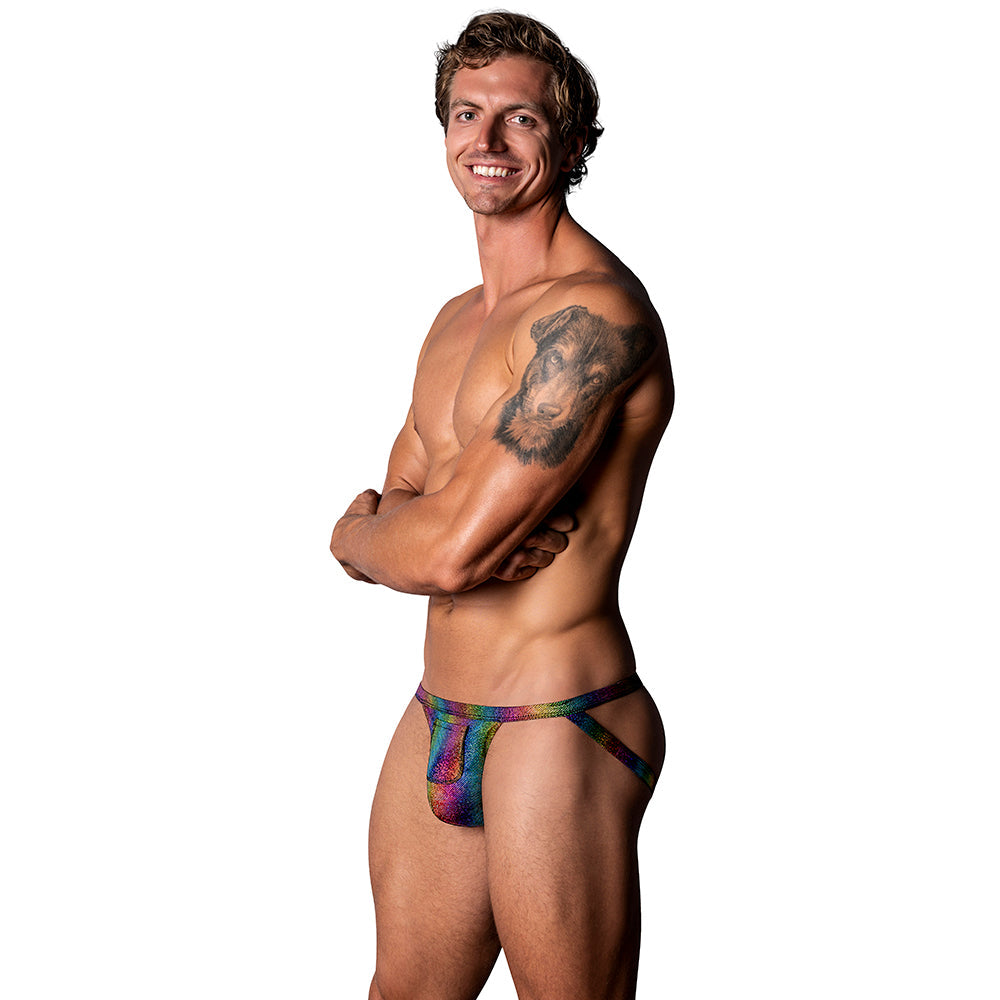 Male Power The Matchmaker Jock with Front Condom Pouch – Rainbow, Size S/M