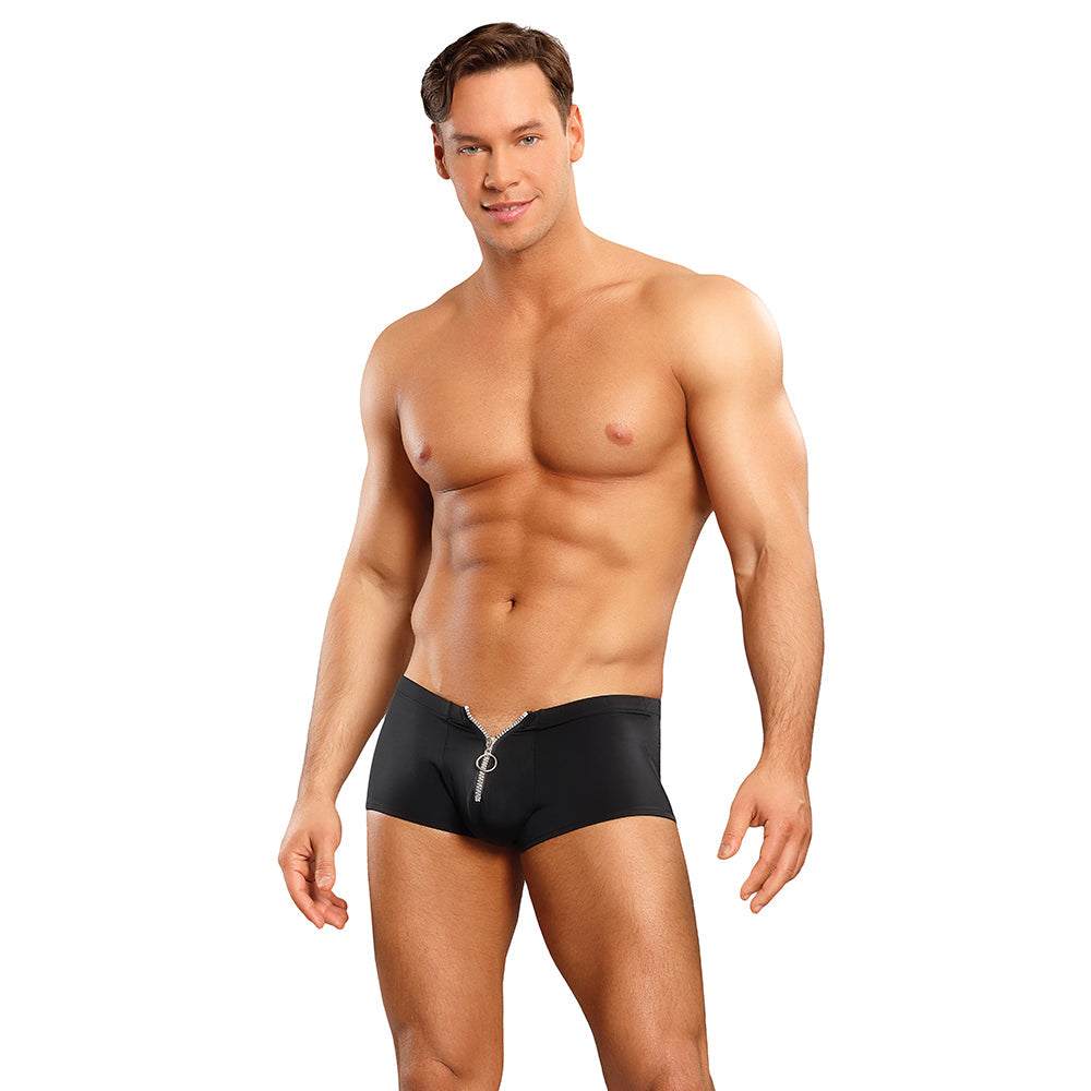 Male Power The Ultimate Duo CRR Zipper Short & Red Cock Ring Set – Black S/M