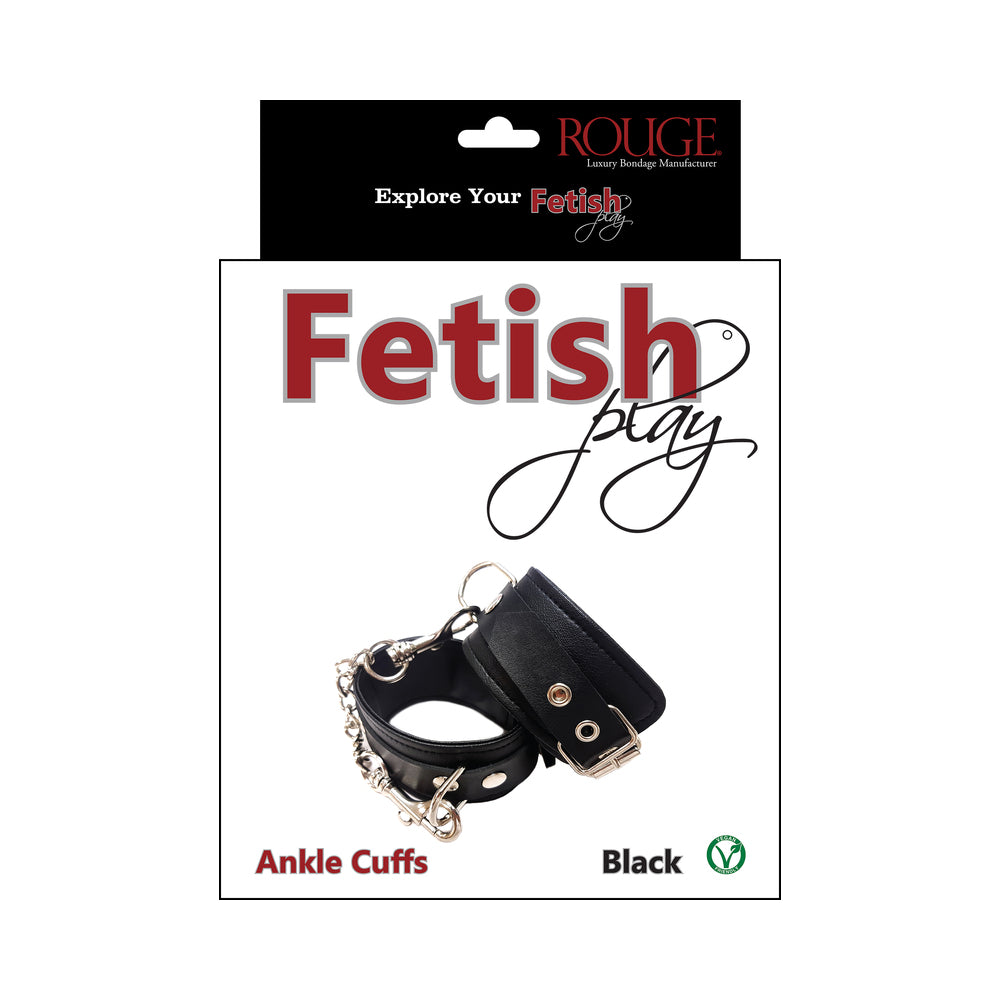 Rouge Fetish Play Vegan Ankle Cuffs – Black – Soft Faux Leather with Removable Chain