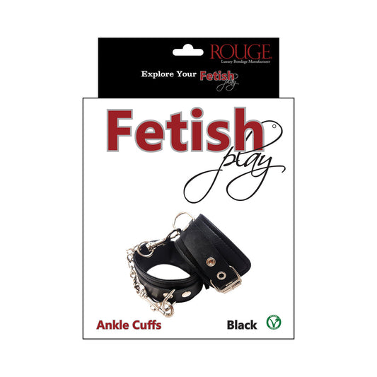 Rouge Fetish Play Vegan Ankle Cuffs – Black – Soft Faux Leather with Removable Chain