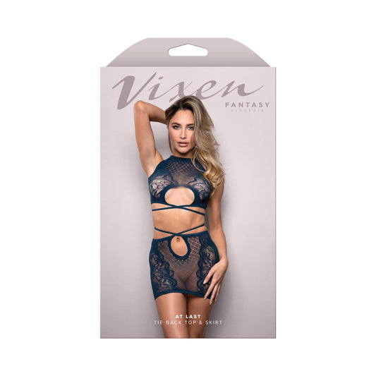 Fantasy Lingerie Vixen At Last Floral Lace Knit Top & Skirt Set – Navy