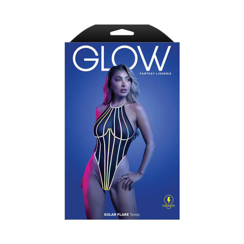 Fantasy Lingerie Glow Solar Flare Halter Tie Teddy with Underwire - Black - L/XL