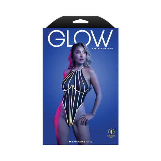 Fantasy Lingerie Glow Solar Flare Halter Tie Teddy with Underwire - Black - L/XL