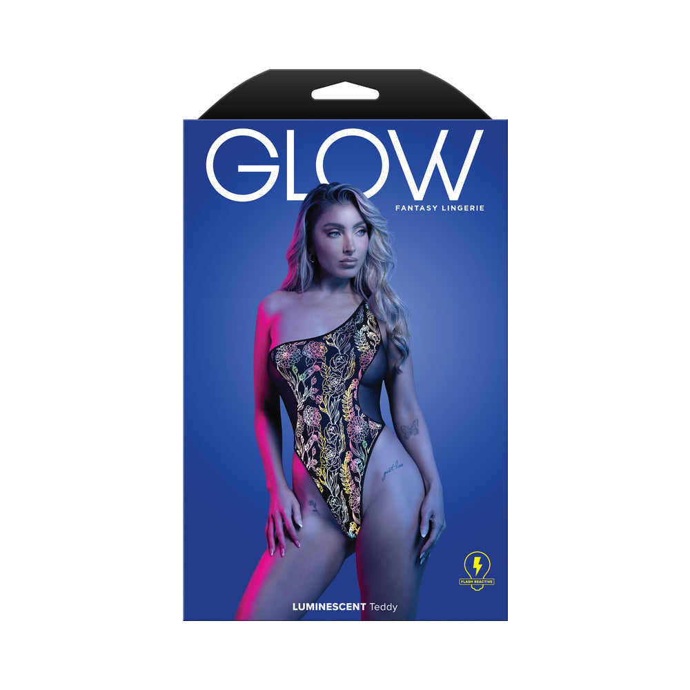 Fantasy Lingerie Glow Luminescent Floral Print One-Shoulder Teddy – Black, M/L