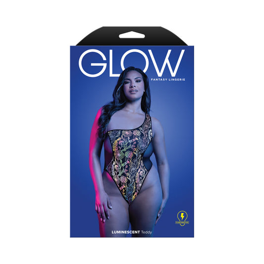 Fantasy Lingerie Glow Luminescent Floral Print One-Shoulder Teddy - Black - Queen Size