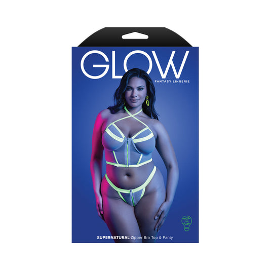 Fantasy Lingerie Glow Supernatural Glow-in-the-Dark Zipper Top & Panty – Queen Size – White