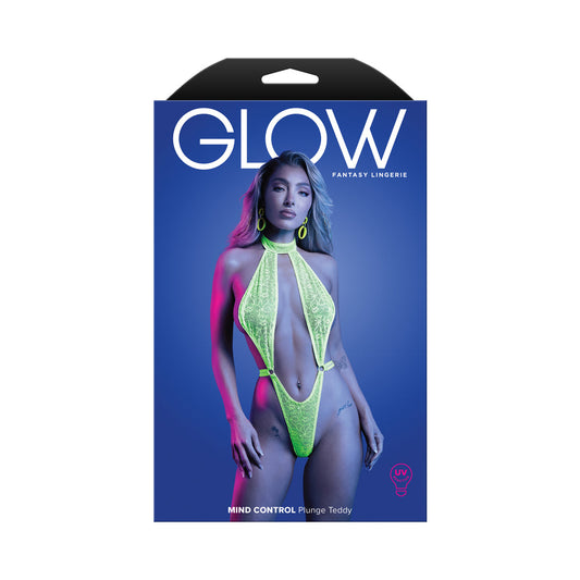 Fantasy Lingerie Glow Mind Control UV Reactive Lace Halter Plunge Teddy – Green