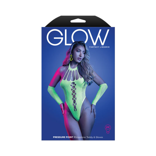 Fantasy Lingerie Glow Pressure Point UV Reactive Rhinestone Teddy with Gloves – Green