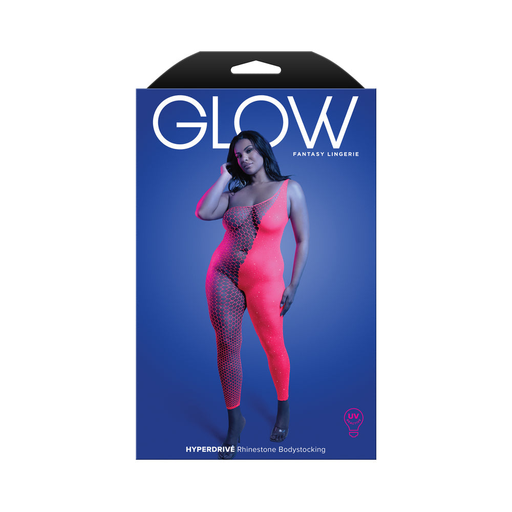 Fantasy Lingerie Glow Hyperdrive UV Reactive Rhinestone Bodystocking – Hot Pink – Queen Size