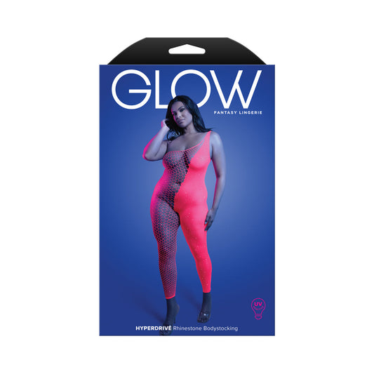 Fantasy Lingerie Glow Hyperdrive UV Reactive Rhinestone Bodystocking – Hot Pink – Queen Size