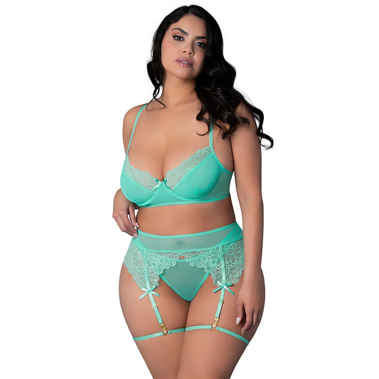 Magic Silk Caribbean Crush Demi Bra & Thong Garter Set – Aqua Glow, Queen Size