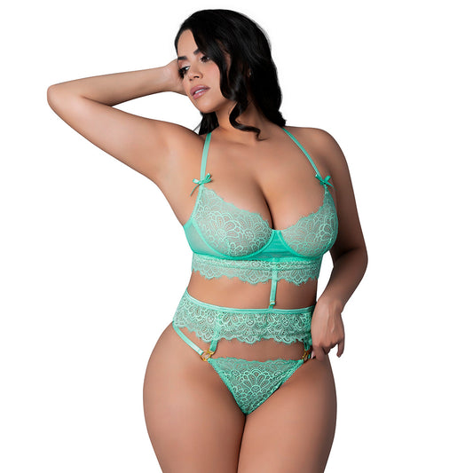 Magic Silk Caribbean Crush Demi Longline Bra & Panty Set with Removable Flounce – Aqua Glow – Queen Size