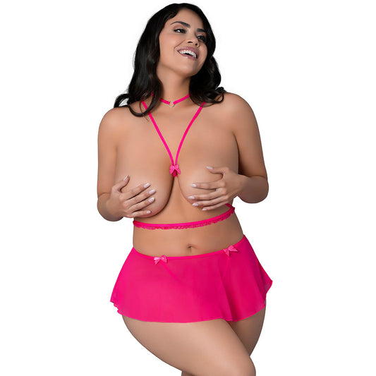 Magic Silk Pink Kink Harness Top, Open Crotch Skirt Panty & Choker Set – Hot Pink, Size Q