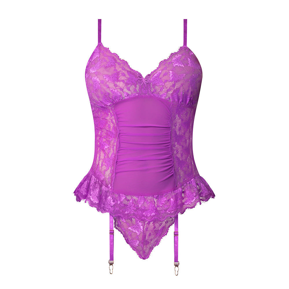 Magic Silk Butterfly Fantasies Basque & Cheeky Panty Set - Neon Purple - Queen Size