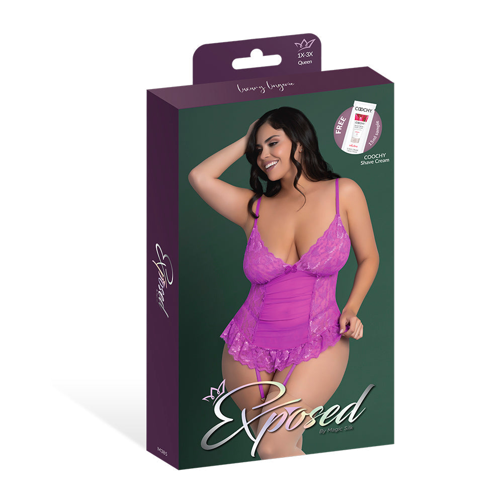 Magic Silk Butterfly Fantasies Basque & Cheeky Panty Set - Neon Purple - Queen Size