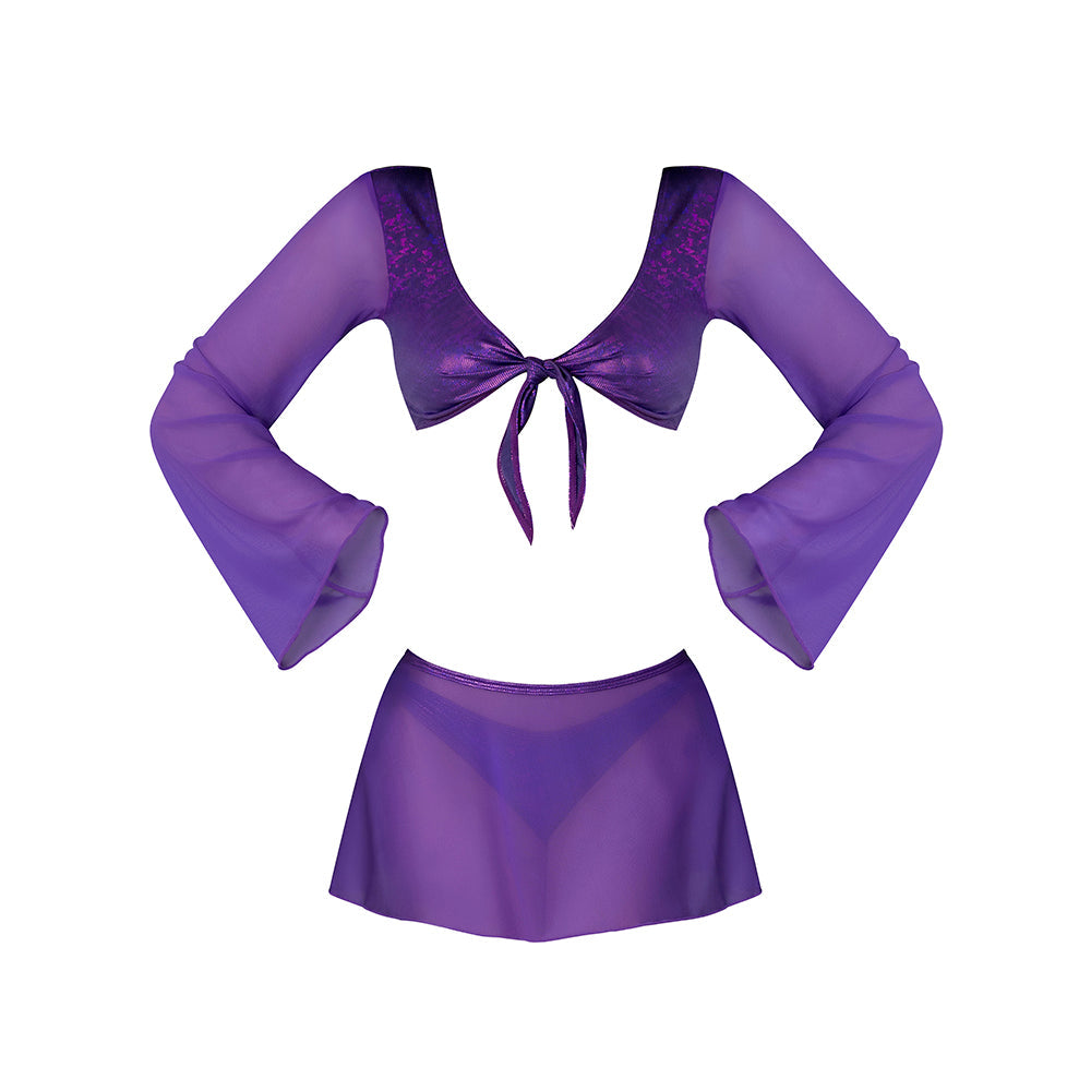 Magic Silk Glimmer LS Crop Top, Mini Skirt & Tie Side Thong Set – Purple