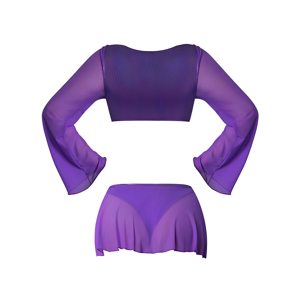 Magic Silk Glimmer LS Crop Top, Mini Skirt & Tie Side Thong Set – Purple