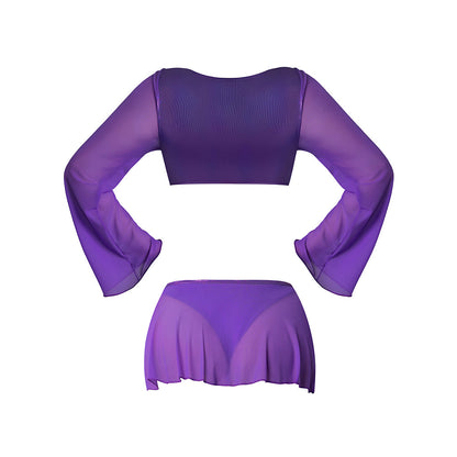 Magic Silk Glimmer LS Crop Top, Mini Skirt & Tie Side Thong Set – Purple
