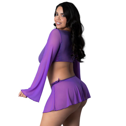 Magic Silk Glimmer LS Crop Top, Mini Skirt & Tie Side Thong – Purple