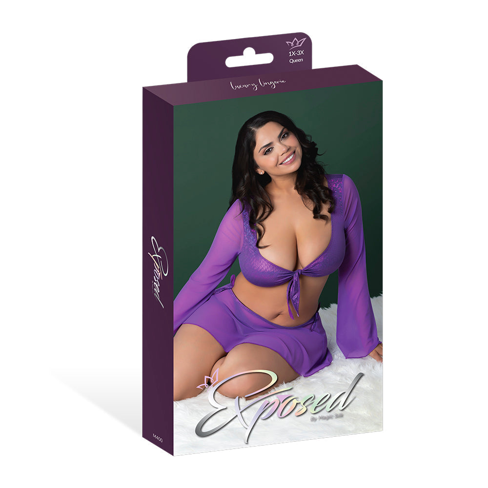 Magic Silk Glimmer LS Crop Top, Mini Skirt & Tie Side Thong – Purple