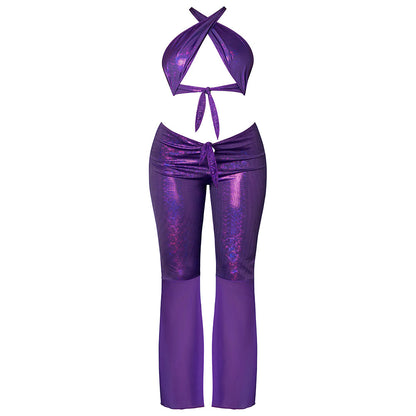 Magic Silk Glimmer Wrap Halter & Flair Pant Set – Purple, S/M