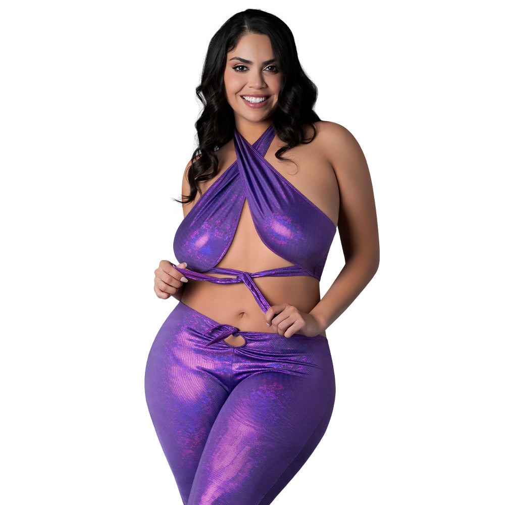 Magic Silk Glimmer Wrap Halter & Flair Pant Set - Purple - Plus Size