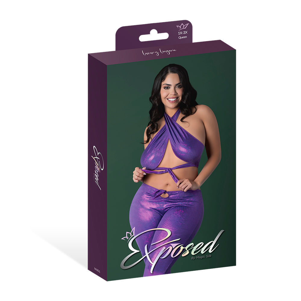 Magic Silk Glimmer Wrap Halter & Flair Pant Set - Purple - Plus Size