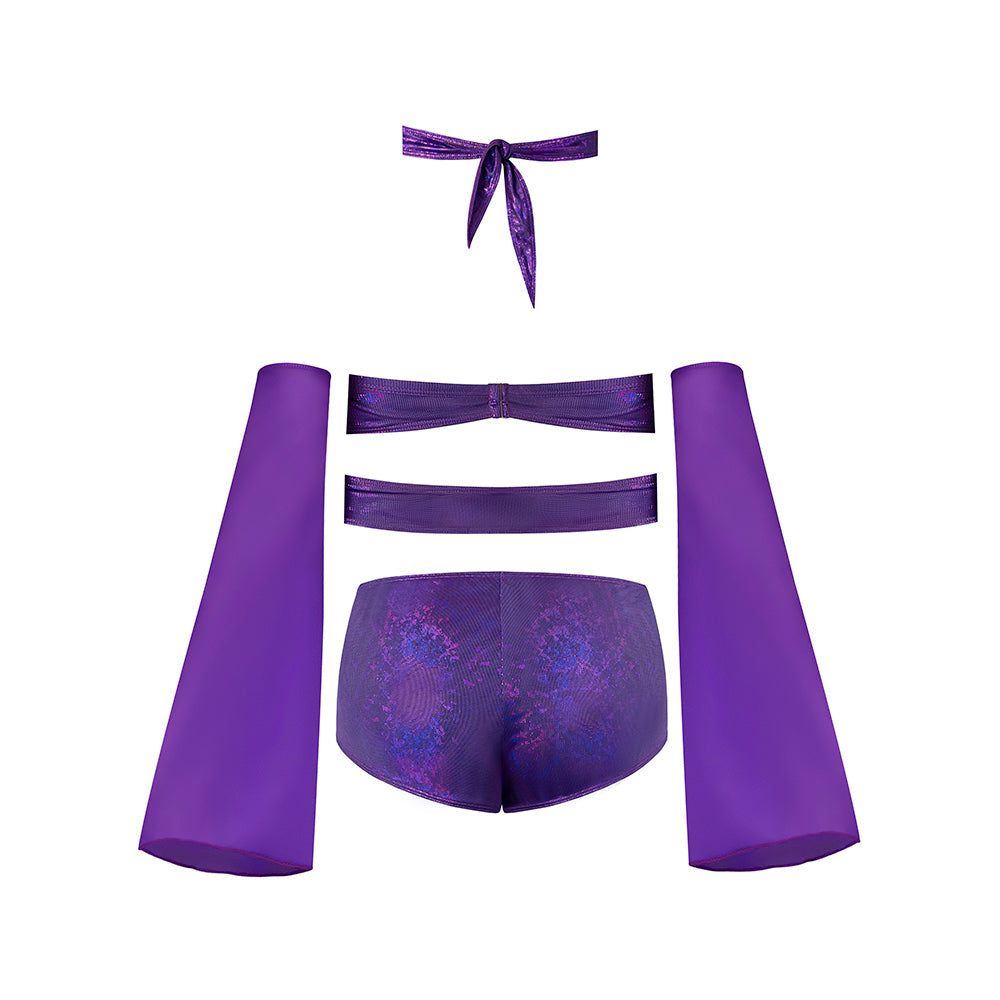 Magic Silk Glimmer Wrap Bralette, Booty Shorts & Sleeve Set - Purple Disco
