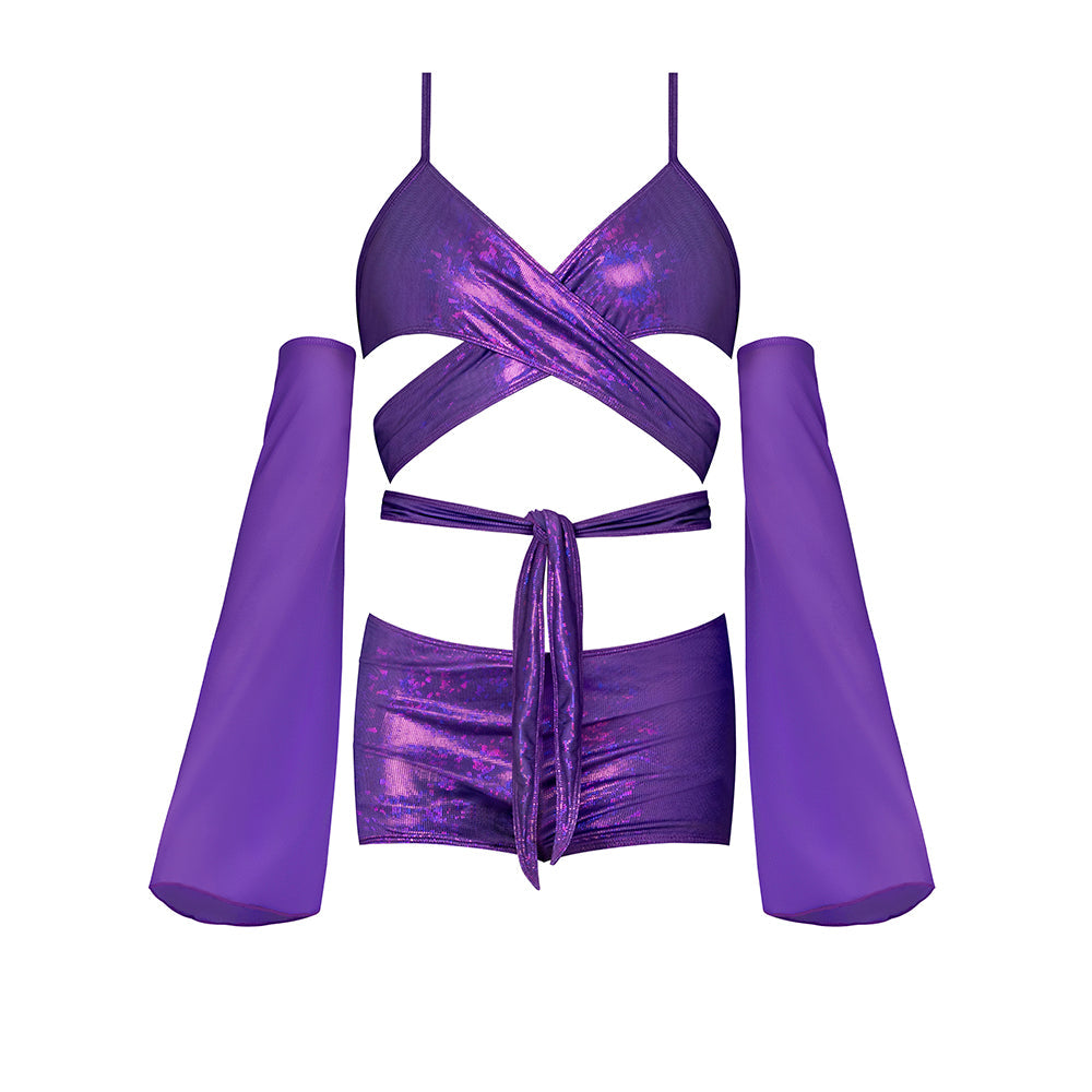 Magic Silk Glimmer Wrap Bralette, Booty Shorts & Sleeve Set – Purple Disco – L/XL
