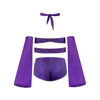 Magic Silk Glimmer Wrap Bralette, Booty Shorts & Sleeve Set – Purple Disco – L/XL