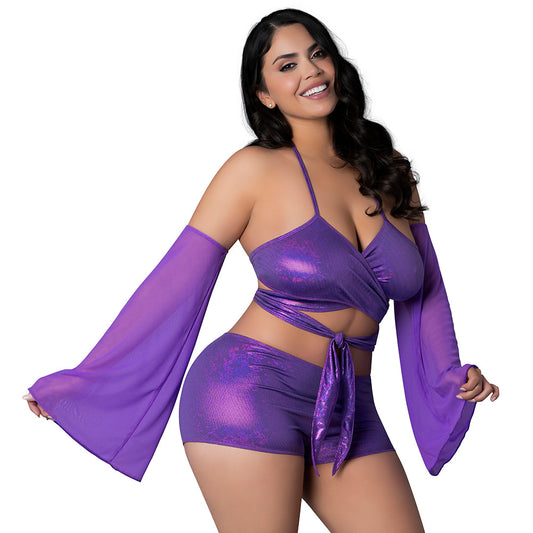 Magic Silk Glimmer Wrap Bralette, Booty Shorts & Sleeve Set - Purple