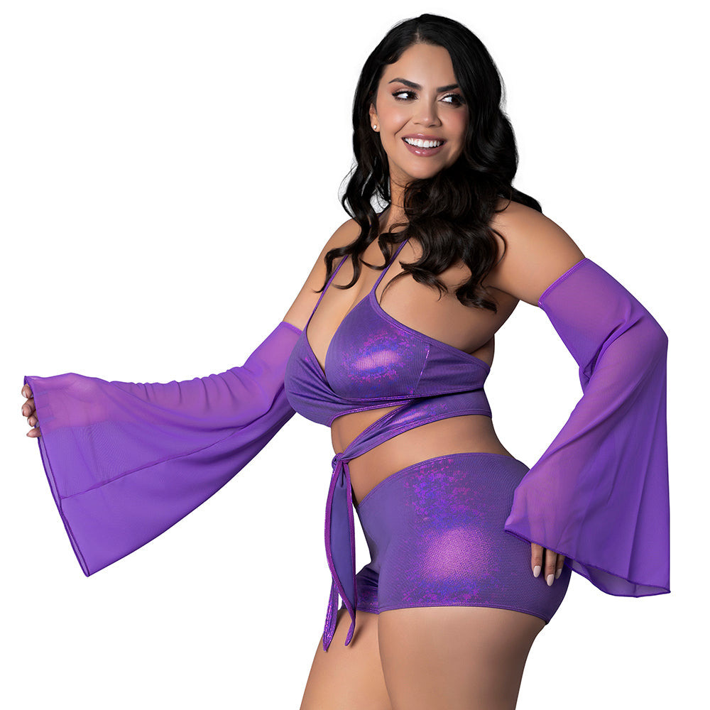Magic Silk Glimmer Wrap Bralette, Booty Shorts & Sleeve Set - Purple