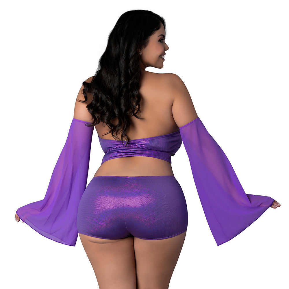 Magic Silk Glimmer Wrap Bralette, Booty Shorts & Sleeve Set - Purple