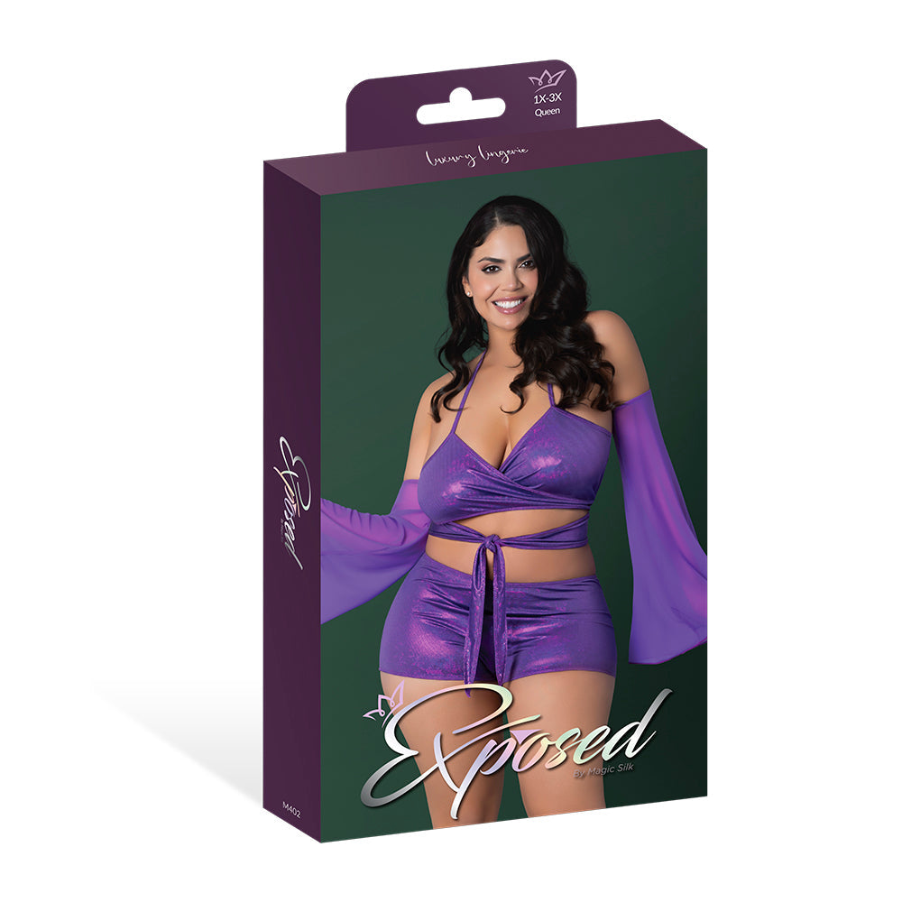 Magic Silk Glimmer Wrap Bralette, Booty Shorts & Sleeve Set - Purple