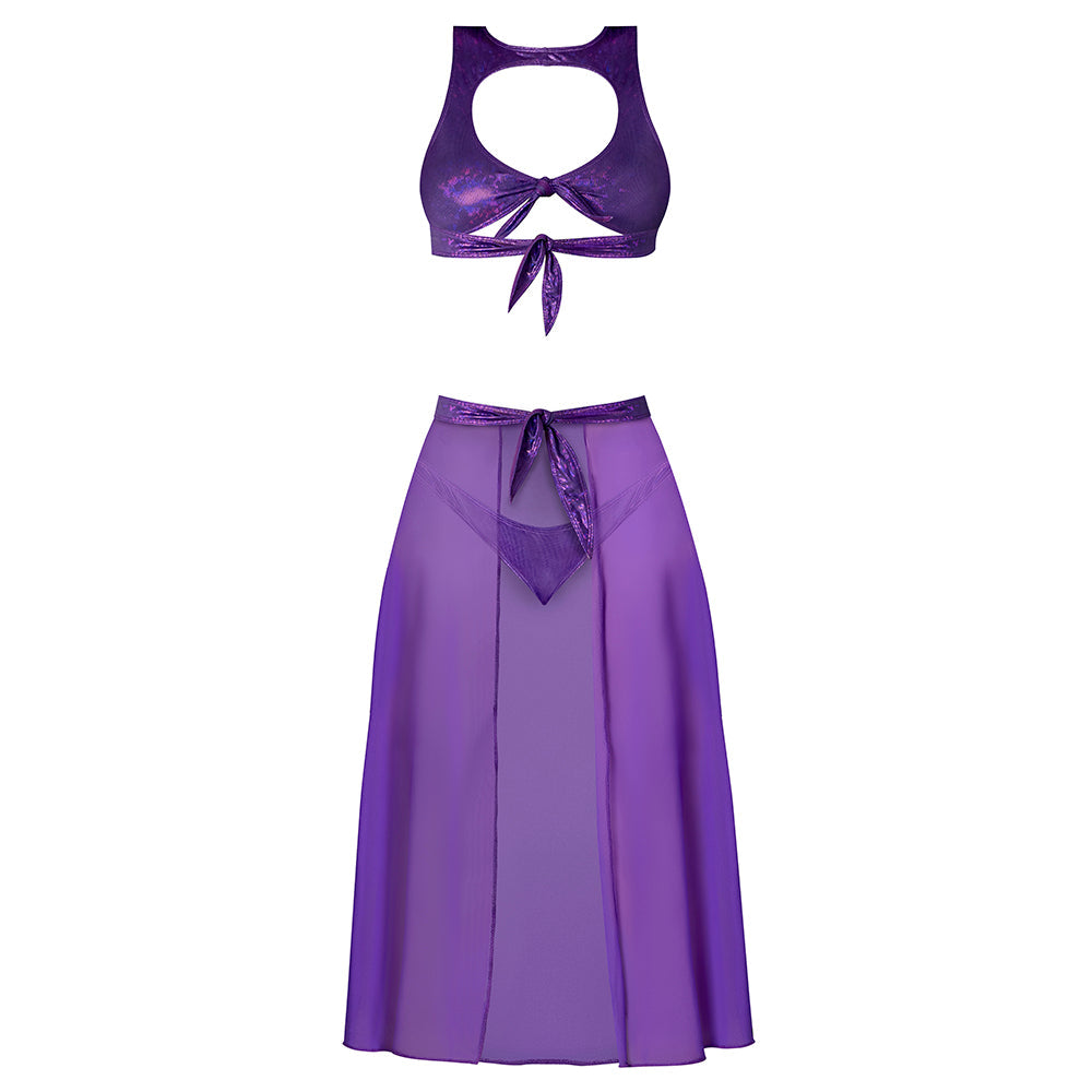 Magic Silk Glimmer High Neck Crop Top, Flowy Skirt & Tanga Set - Purple