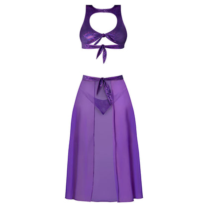 Magic Silk Glimmer High Neck Crop Top, Flowy Skirt & Tanga Set - Purple