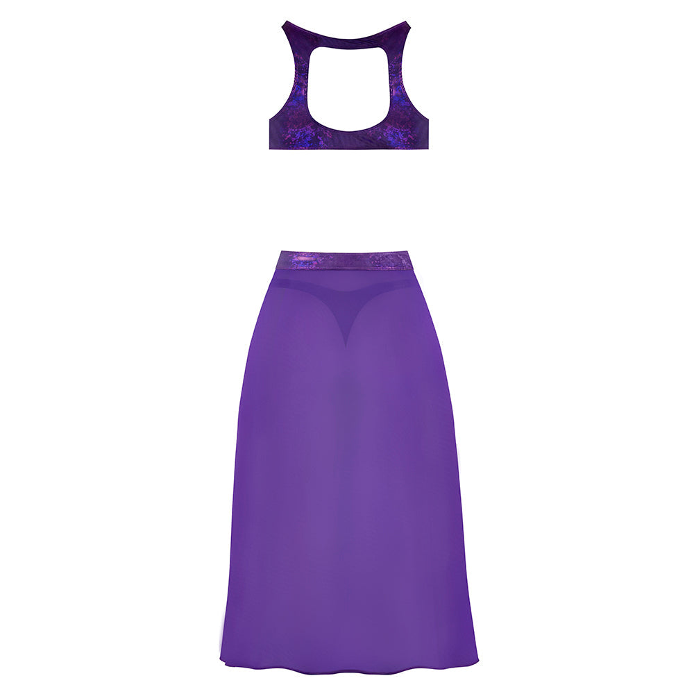Magic Silk Glimmer High Neck Crop Top, Flowy Skirt & Tanga Set - Purple