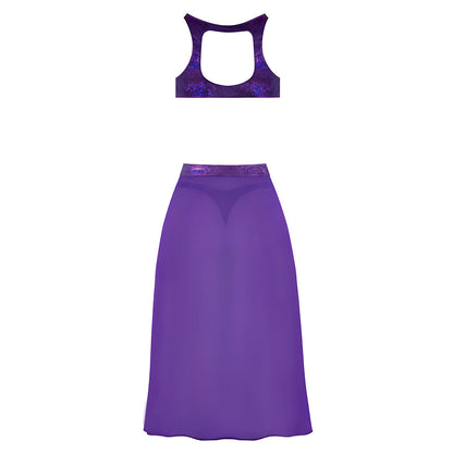 Magic Silk Glimmer High Neck Crop Top, Flowy Skirt & Tanga Set - Purple