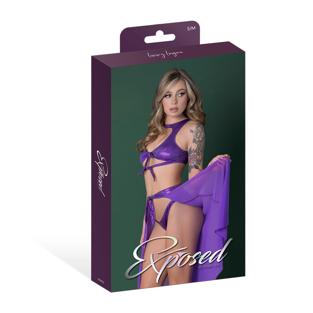 Magic Silk Glimmer High Neck Crop Top, Flowy Skirt & Tanga Set - Purple