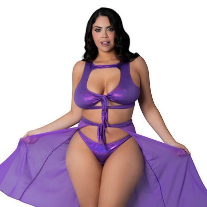 Magic Silk Glimmer High Neck Crop Top, Flowy Skirt & Tanga Set - Purple