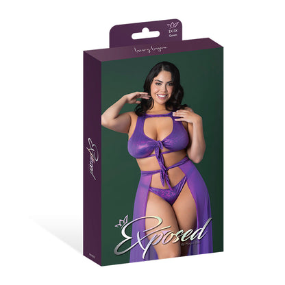 Magic Silk Glimmer High Neck Crop Top, Flowy Skirt & Tanga Set - Purple