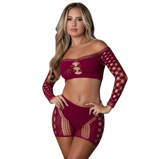 Magic Silk Seamless Crop Top & Short Set - Burgundy - High-Waist Design