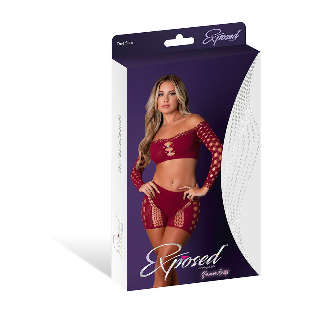 Magic Silk Seamless Crop Top & Short Set - Burgundy - High-Waist Design