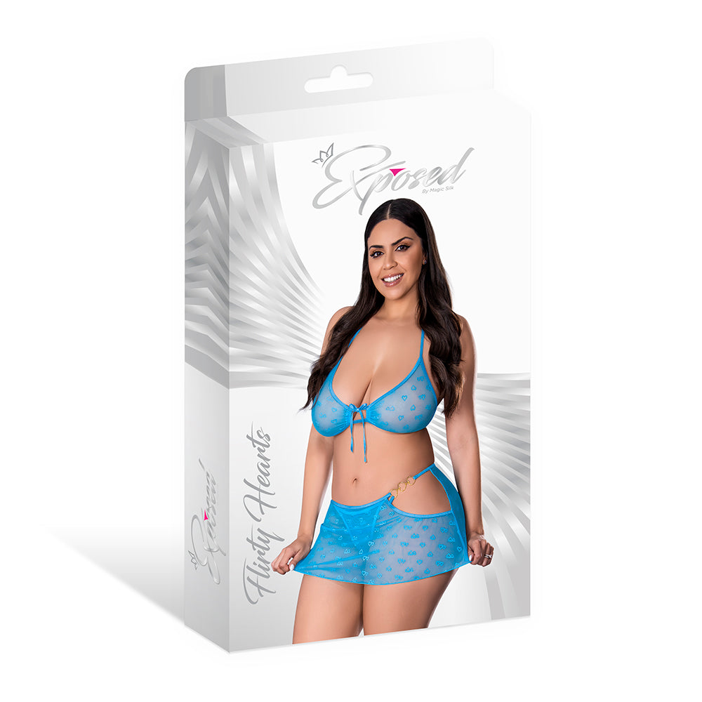 Magic Silk Flirty Hearts Halter Bra, Flutter Skirt & G-String Set – Blue – Queen Size