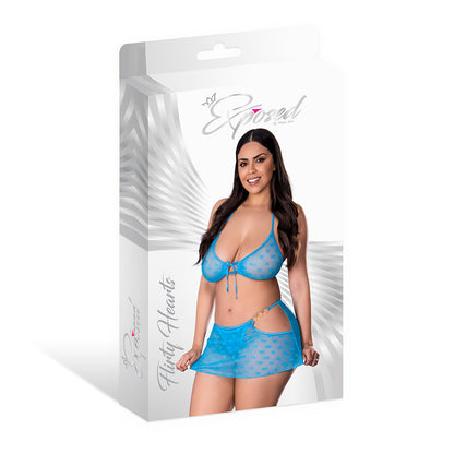 Magic Silk Flirty Hearts Halter Bra, Flutter Skirt & G-String Set – Blue – Queen Size