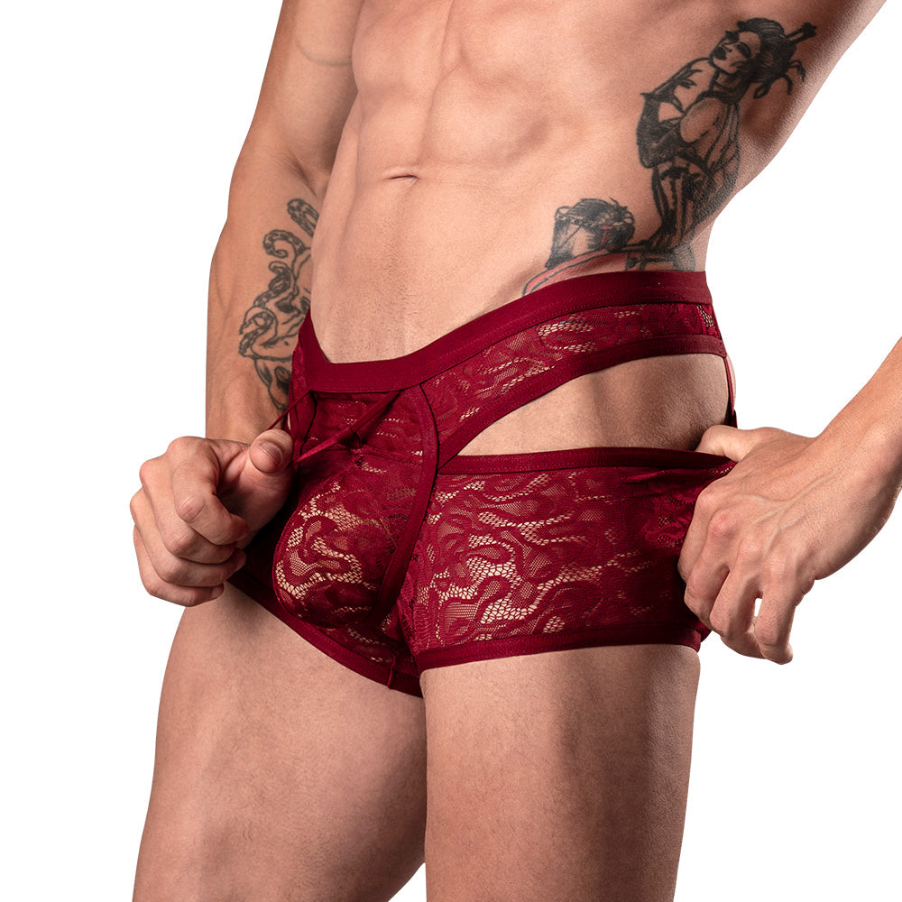 Male Power Lucifer Cutout Short - Lace Men's Underwear - Burgundy