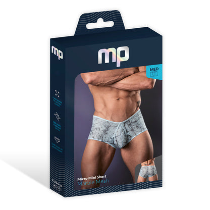 Male Power Marble Mesh Micro Mini Short - Enhanced Pouch, Low Rise, Silver/Blue, XL