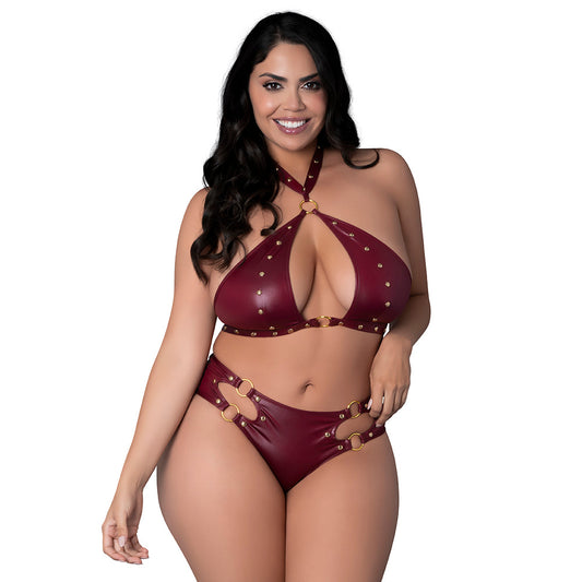 Lust Fetish Juno Burgundy Queen Size BDSM Lingerie with Choker Bra and Cutout Mini Shorts